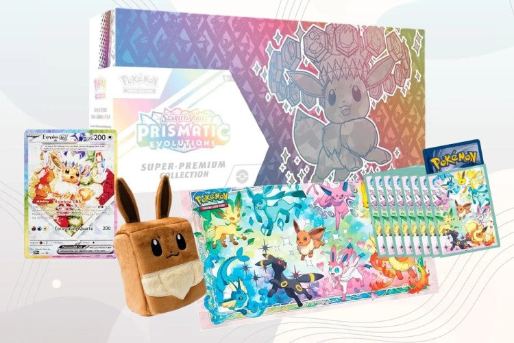 Contenu de la Collection Super-Premium : coffret, carte Évoli-ex, peluche Évoli, tapis de jeu et protège-cartes
