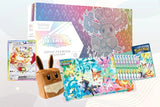 Contenu de la Collection Super-Premium : coffret, carte Évoli-ex, peluche Évoli, tapis de jeu et protège-cartes