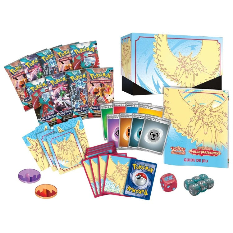Contenu du coffret Rugit-Lune déballé : boosters scellés, boîte de rangement, guide de jeu, cartes Énergie et dés
