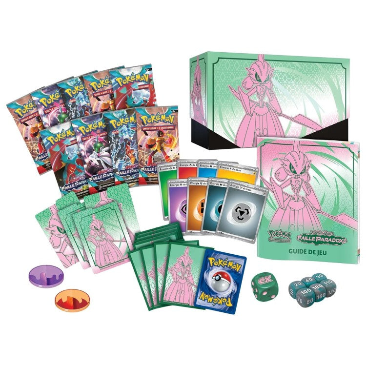 Contenu du coffret Garde-de-Fer déballé : boosters, protège-cartes, énergies, dés et guide