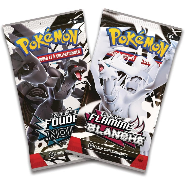Les deux boosters du Mini Tin : Foudre Noire avec Zekrom et Flamme Blanche avec Reshiram
