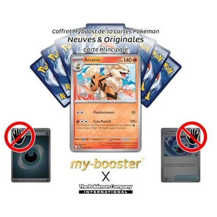 Carte Arcanin présentée devant un éventail de cartes Pokémon, avec des indications sur les dix cartes.