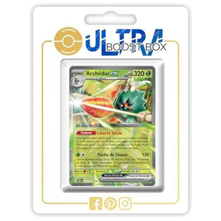 Carte Pokémon Archéduc ex 015/197 en français, recto détaillé de l’extension Écarlate et Violet 3 Flammes Obsidiennes, mise en avant dans le coffret Myboost.