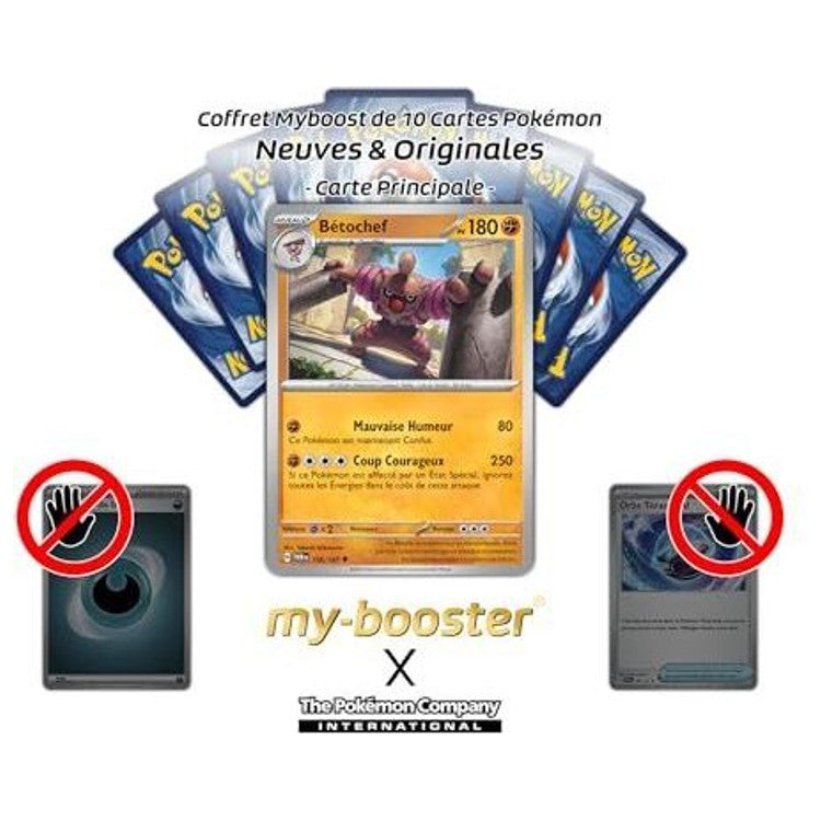 Carte Bétochef au centre d’une présentation avec plusieurs dos de cartes Pokémon disposés en éventail.