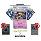 Gros plan sur l’illustration de la carte Pokémon Alakazam 056/132 Méga-Évolution 1 montrant les cuillères et l’aura Psy holographique
