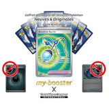 Vue d’ensemble de la carte Pokémon Amulette Sacrée 122/094 bloc Méga-Évolution 02 dans un coffret Myboost Ultraboost avec finitions Full Art Secrète.