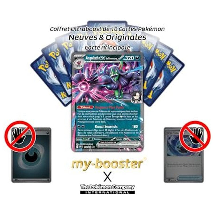 Gros plan sur l’illustration de la carte Pokémon Angoliath ex de Rosemary EV10, montrant les effets brillants et les détails de l’artwork Ténèbres.
