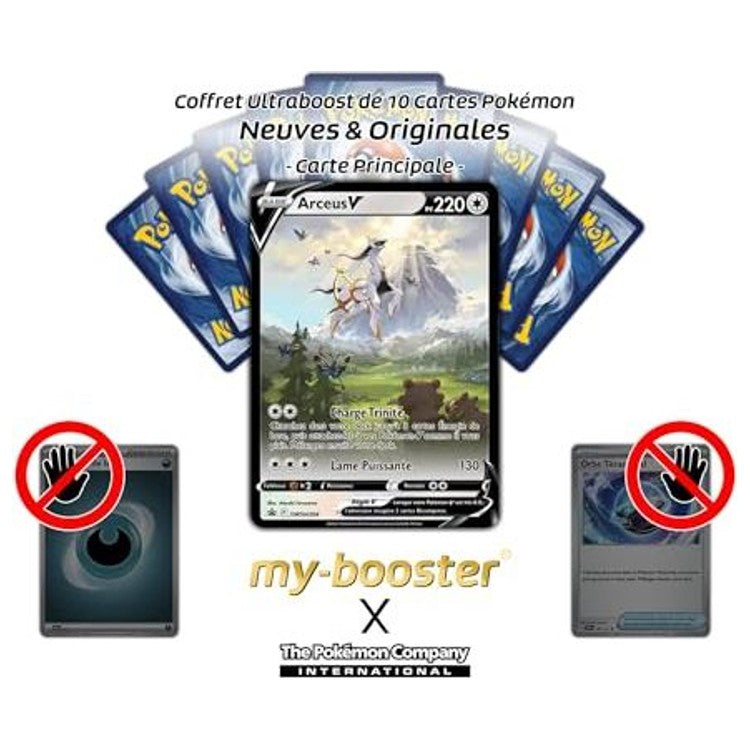 Gros plan sur l’illustration de la carte Pokémon Arceus V SWSH204 promo mise en avant dans le coffret Ultraboost Myboost