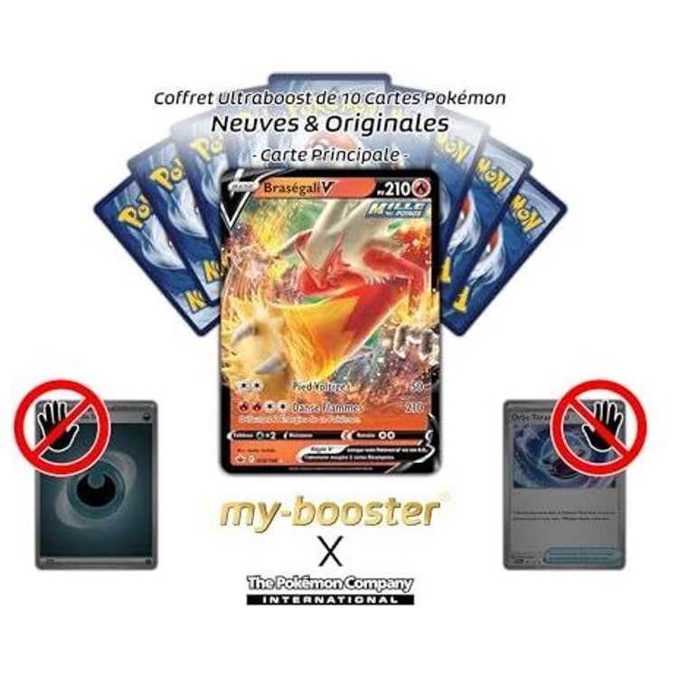 Gros plan sur l’illustration de la carte Braségali V 020/198 EB06 montrant le Pokémon Feu-Combat en action avec effets flamboyants et finition brillante.
