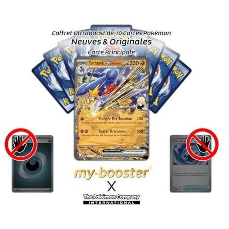 Gros plan sur les détails de l’illustration de la carte Pokémon Carchacrock ex de Cynthia ME02.5, mettant en valeur les effets brillants et le style graphique.