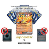 Gros plan sur les détails de l’artwork de la carte Dracaufeu ex SV161 EV07, montrant les effets holographiques et le type Feu du Pokémon.