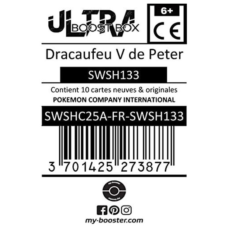 Gros plan sur l’illustration de Dracaufeu V SWSH133, montrant les flammes et les détails de la carte promo Célébrations Épée et Bouclier.