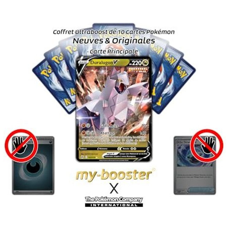 Gros plan sur l’illustration de la carte Pokémon Duralugon V EB12.5 Poing Final montrant son corps acier et son aura de type Dragon