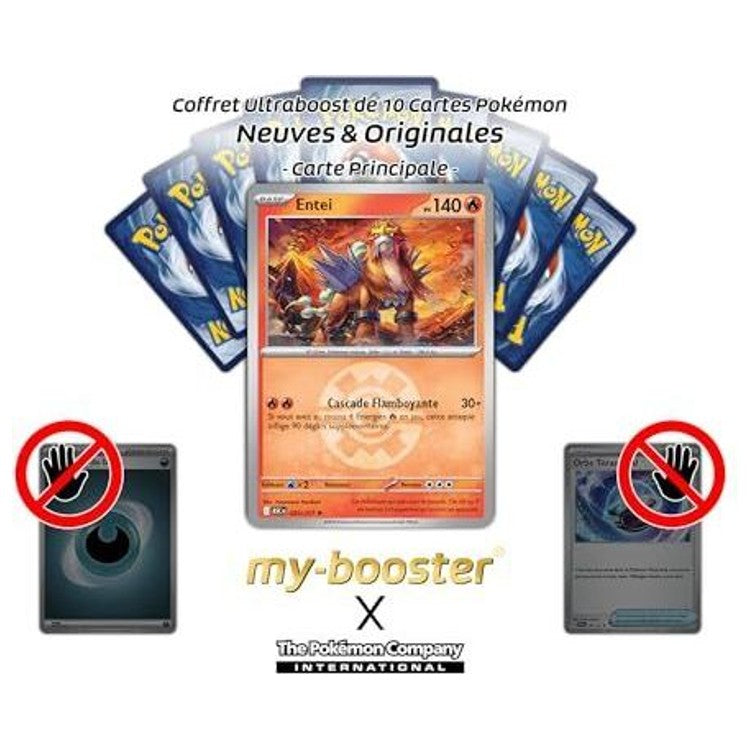 Gros plan sur l’illustration de la carte Pokémon Entei Reverse ME02.5 montrant les effets brillants et les informations de jeu