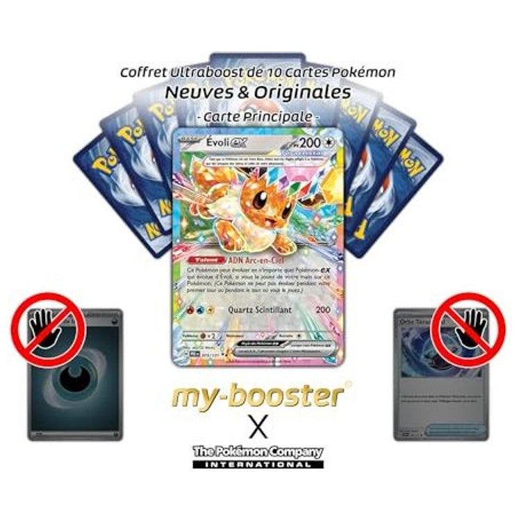 Gros plan sur l’illustration brillante de la carte Pokémon Évoli-ex Téracristal 075/131, montrant les effets holographiques et les détails du cadre EV08.