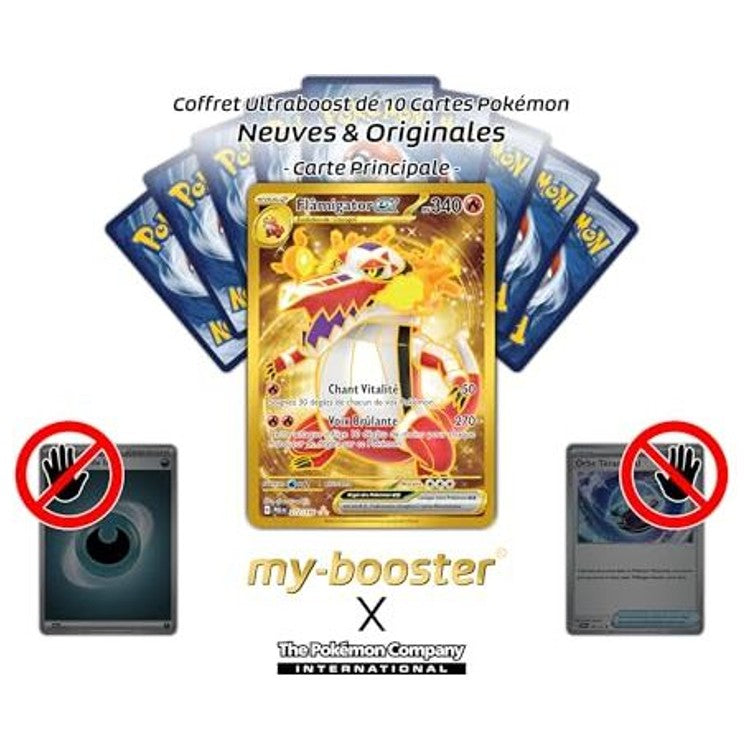 Gros plan sur l illustration brillante de la carte Pokemon Flâmigator ex 272 193 version secrete or du bloc Ecarlate et Violet
