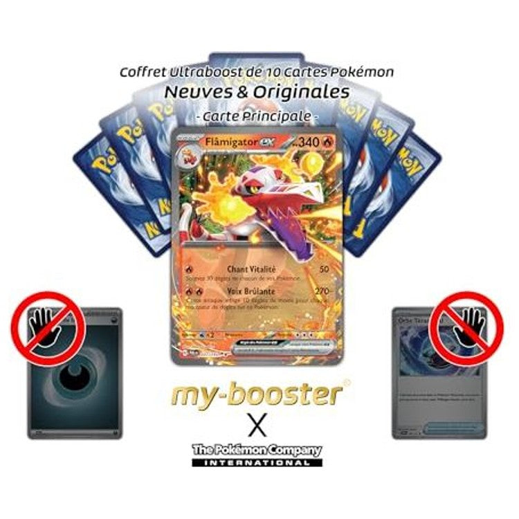 Zoom sur l’illustration brillante de la carte Pokemon Flâmigator ex EV02 montrant les effets de flammes et les details de l’artwork collector