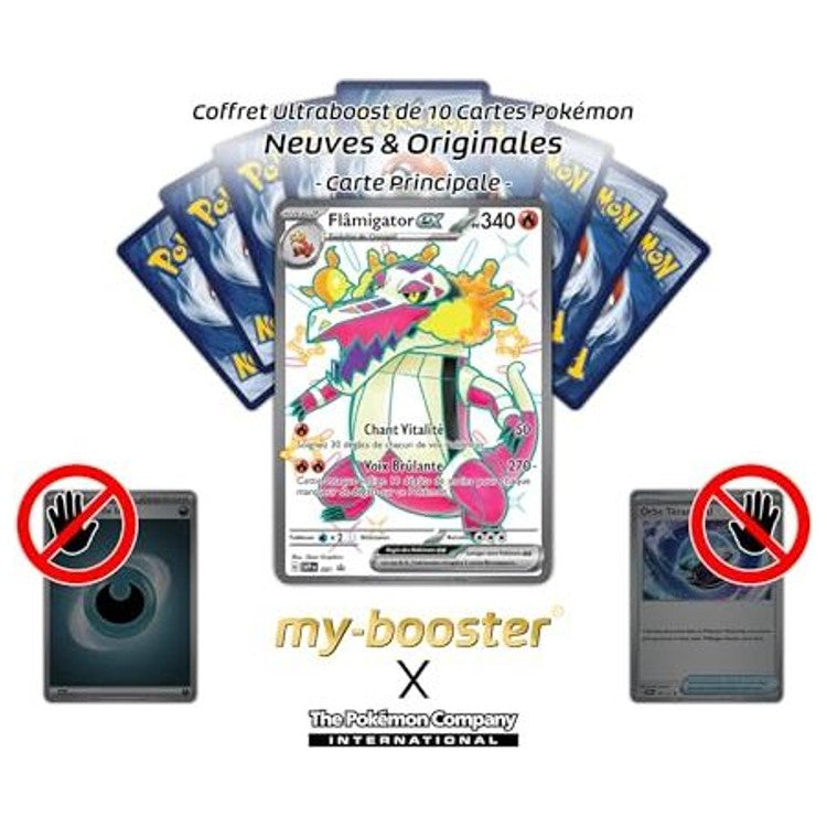 Gros plan sur l’illustration chromatique de la carte Pokemon Flamigator ex SV081 EV4.5, montrant les effets holographiques et les details du Pokemon Feu
