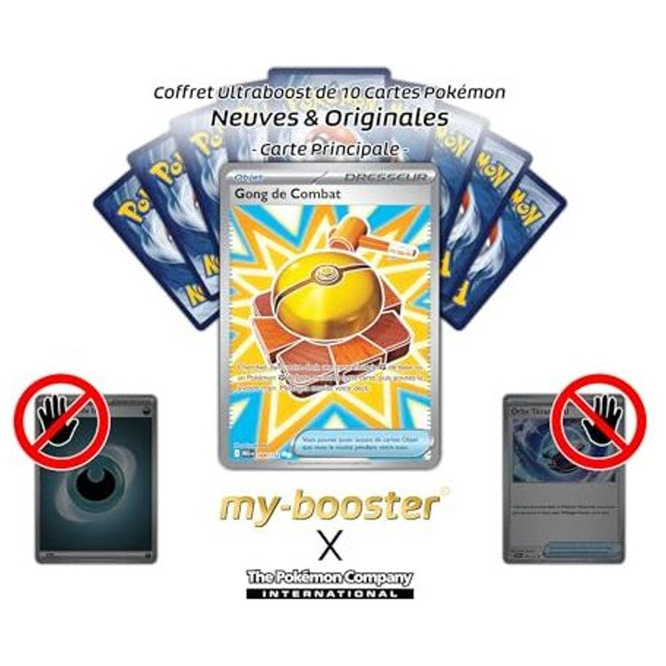Gros plan sur l’illustration Full Art de la carte Dresseur Gong de Combat Méga-Évolution 01, mettant en valeur les effets brillants et le texte.