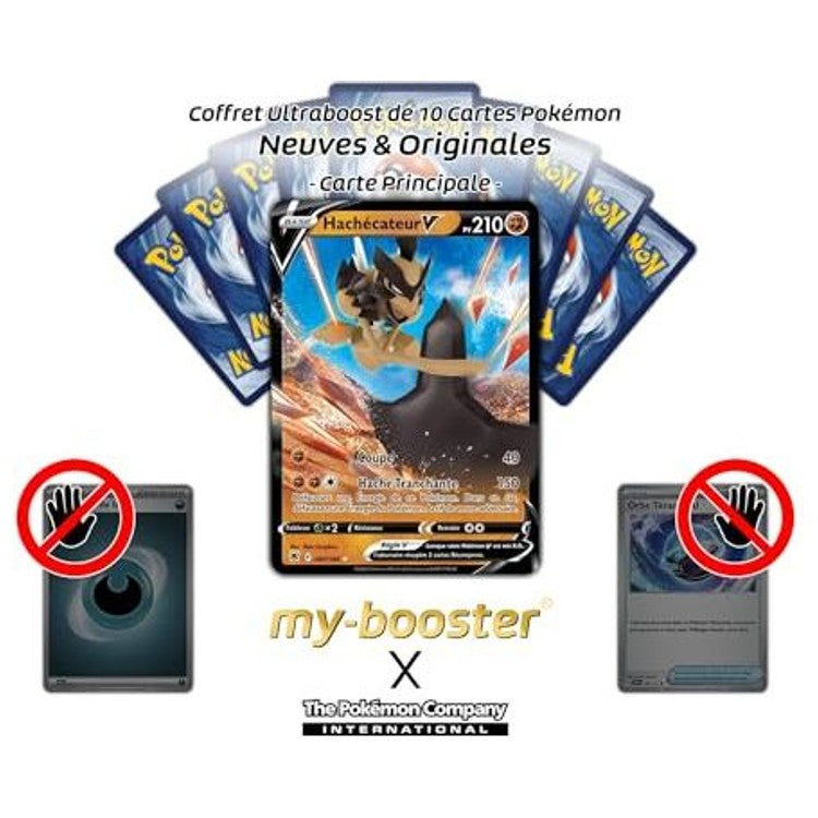 Gros plan sur l’illustration de la carte Hachécateur V EB10, mettant en valeur les lames de ce Pokémon Combat et les effets brillants du fond.