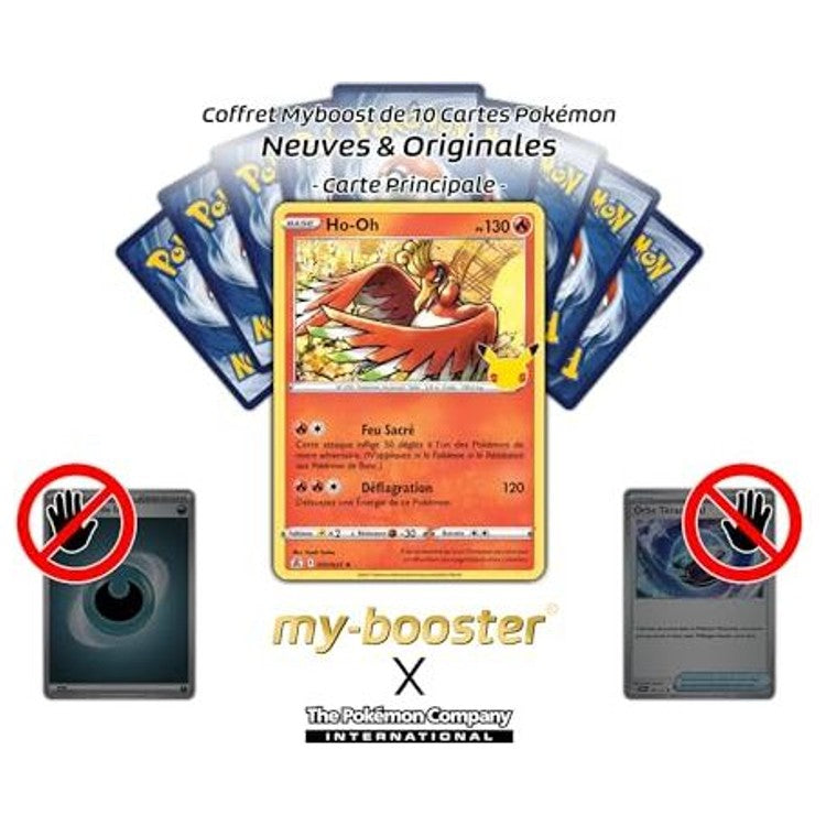 Gros plan sur les détails holographiques de la carte Ho-Oh 001/025 Holo Épée et Bouclier 7.5, mettant en valeur l’artwork flamboyant.