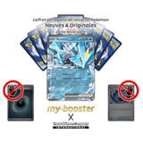 Gros plan sur la carte Pokémon Kyurem ex 028/086 Foudre Noire EV10.5 montrant les détails de l’artwork et des effets brillants sur le Pokémon Dragon Glace.