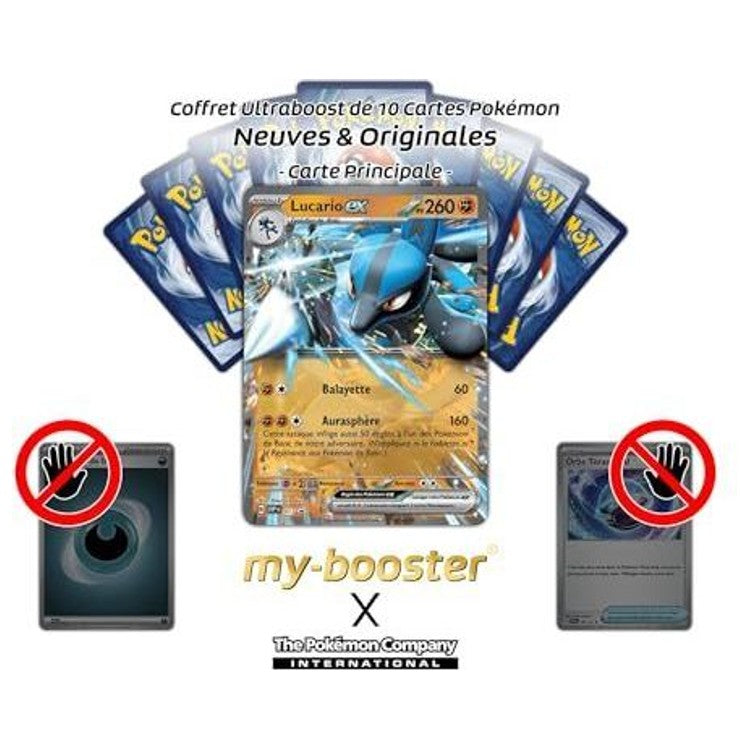 Gros plan sur la carte Lucario ex SV017 Écarlate et Violet 1, montrant les détails holographiques et l’artwork dynamique de ce Pokémon ex.