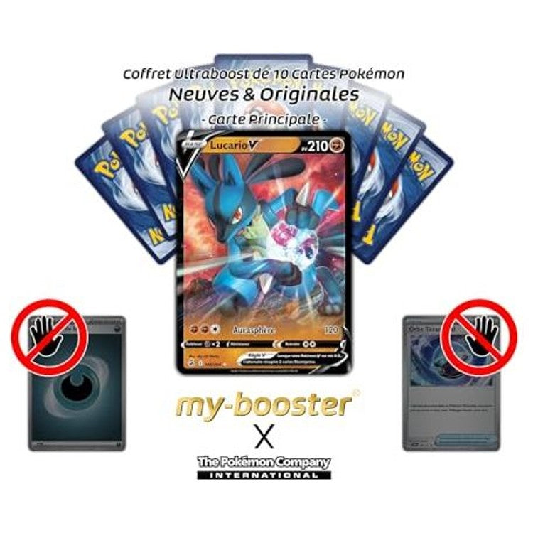 Gros plan sur l’illustration de la carte Pokémon Lucario V de l’extension Épée et Bouclier 08 Poing de Fusion, mettant en avant ses effets visuels.