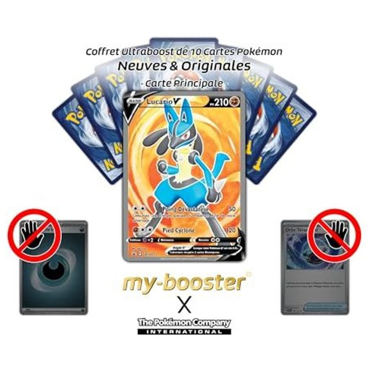 Gros plan sur l’illustration Full Art de Lucario V promo SWSH213, montrant son aura de type Combat et Acier sur une carte officielle EB10.