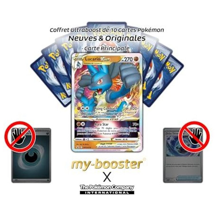 Gros plan sur l’illustration VSTAR de Lucario SWSH214 montrant les effets holographiques et les détails de la carte promo Épée et Bouclier 10