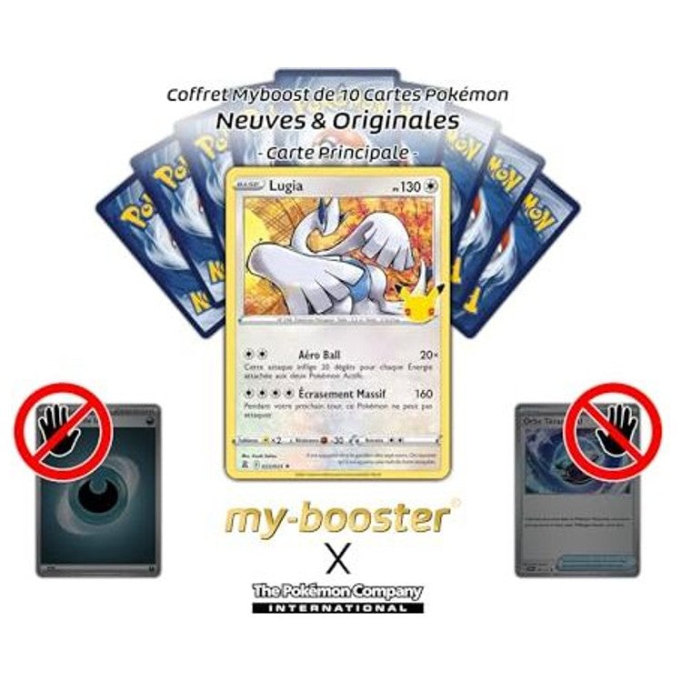 Gros plan sur les détails holographiques de la carte Pokémon Lugia 022/025 Holo Célébrations EB075, mettant en valeur l’artwork et le brillant du fond.