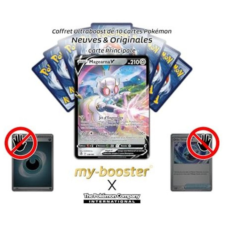 Gros plan sur l’illustration de la carte Magearna V 128/195, montrant le Pokémon Acier artificiel et ses effets brillants