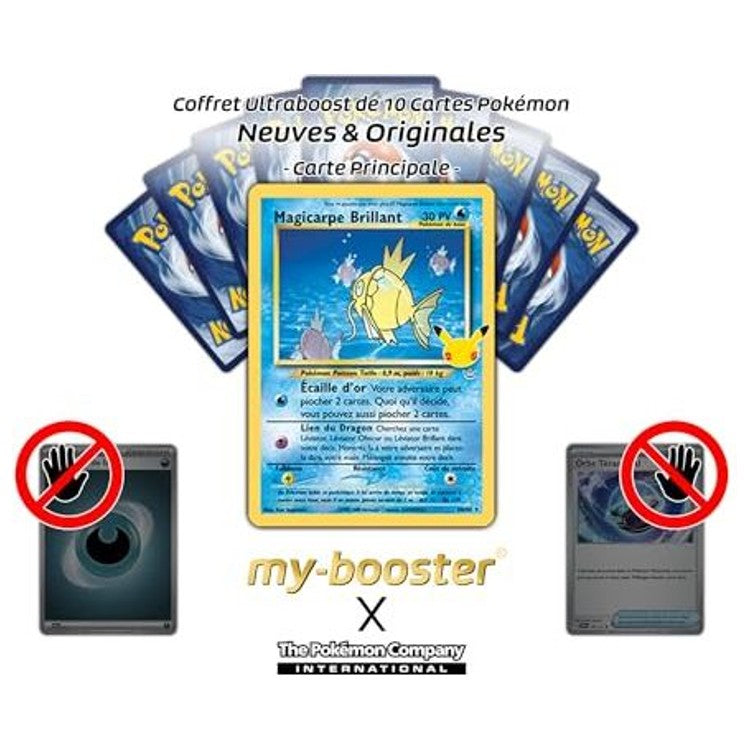 Gros plan sur les détails holographiques de la carte Pokémon Magicarpe Brillant 66/64, mettant en valeur l’effet brillant et le fond doré.