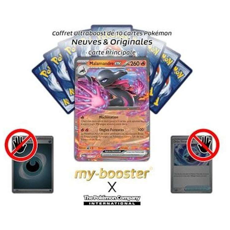 Gros plan sur l’illustration de la carte Pokémon Malamandre ex du bloc Méga-Évolution 03, montrant ses flammes toxiques et son style holographique