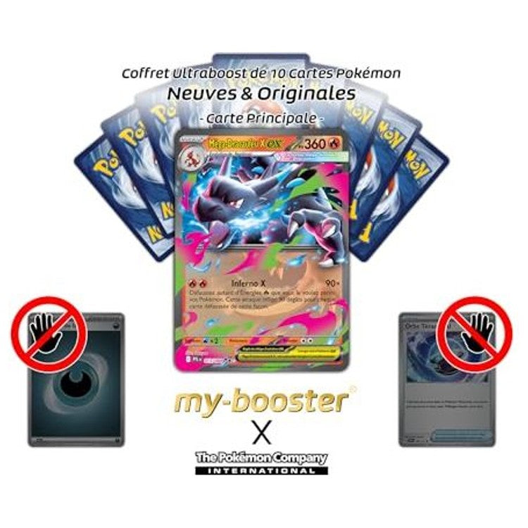Gros plan sur l’illustration de la carte Méga-Dracaufeu X ex 013/094, montrant le Pokémon Feu-Dragon dans un artwork holographique intense