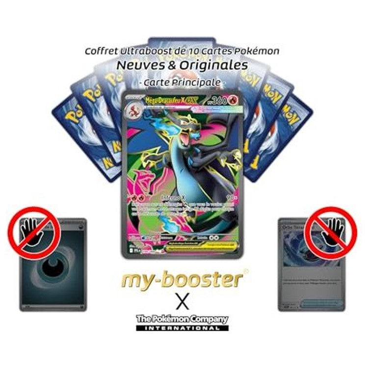Gros plan sur l’illustration flamboyante de la carte Méga-Dracaufeu X ex ME02, mettant en avant les effets holographiques et le design Full Art.