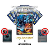 Gros plan sur l’illustration alternative de la carte Méga-Dracaufeu X ex secrète ME02 montrant les flammes bleues et les détails holographiques