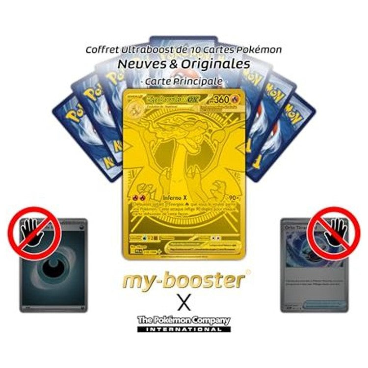 Gros plan sur l’illustration de la carte Méga-Dracaufeu X ex secrète Gold ME02 montrant les effets holographiques et les détails dorés