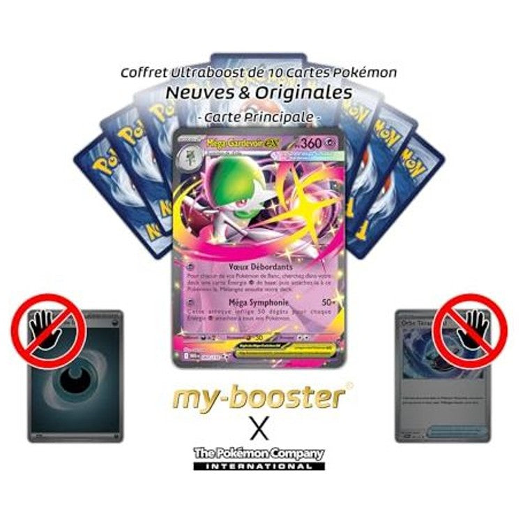Gros plan sur l’illustration de Méga-Gardevoir ex de l’extension Méga-Évolution 1, montrant les effets holographiques et les couleurs Psy et Fée.