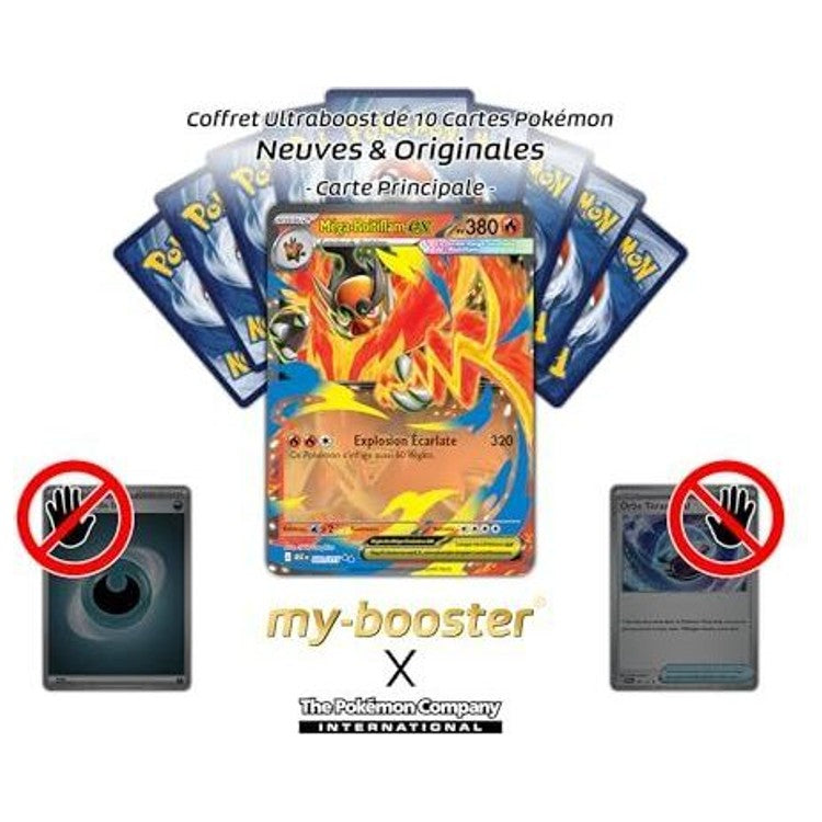 Gros plan sur les détails de l’illustration flamboyante de Méga Roitiflam ex Héros Transcendants ME25, montrant l’effet holographique et le texte de la carte
