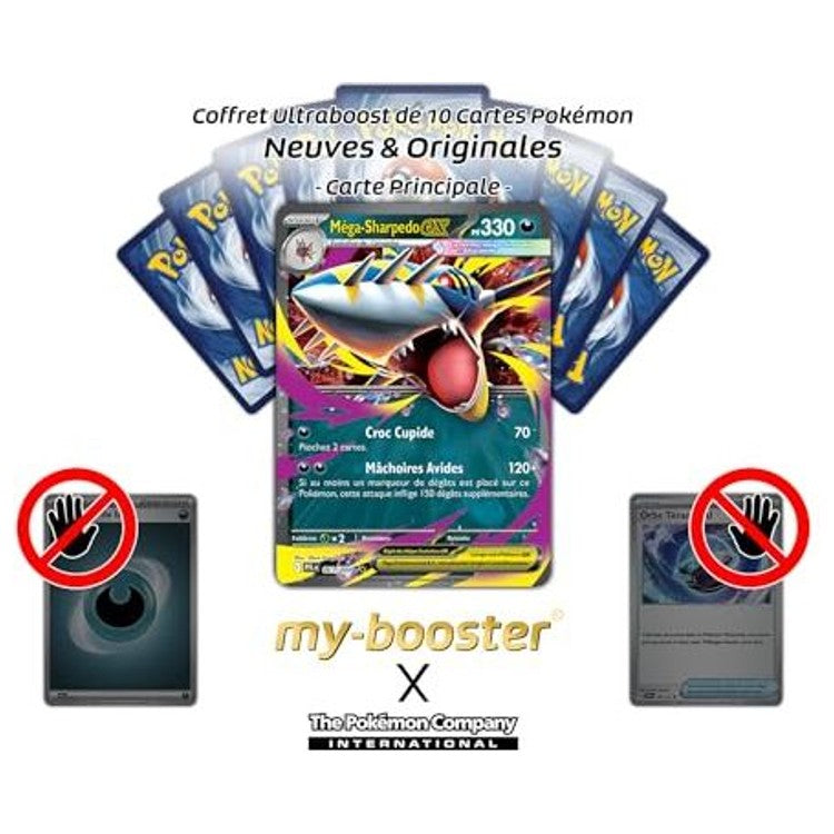 Gros plan sur l’illustration de la carte Pokémon Méga-Sharpedo EX Méga-Évolution 02, montrant ses nageoires acérées et son aura Ténèbres Eau