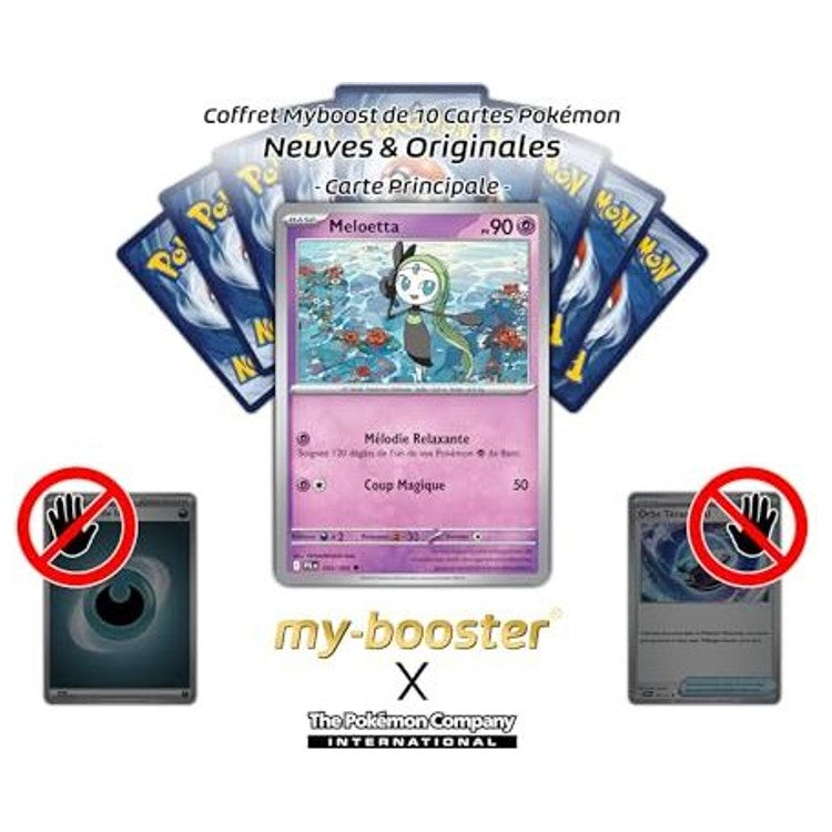 Gros plan sur l’illustration brillante de la carte Pokémon Meloetta Reverse 040/094 Méga-Évolution 02 montrant les reflets holographiques du fond.