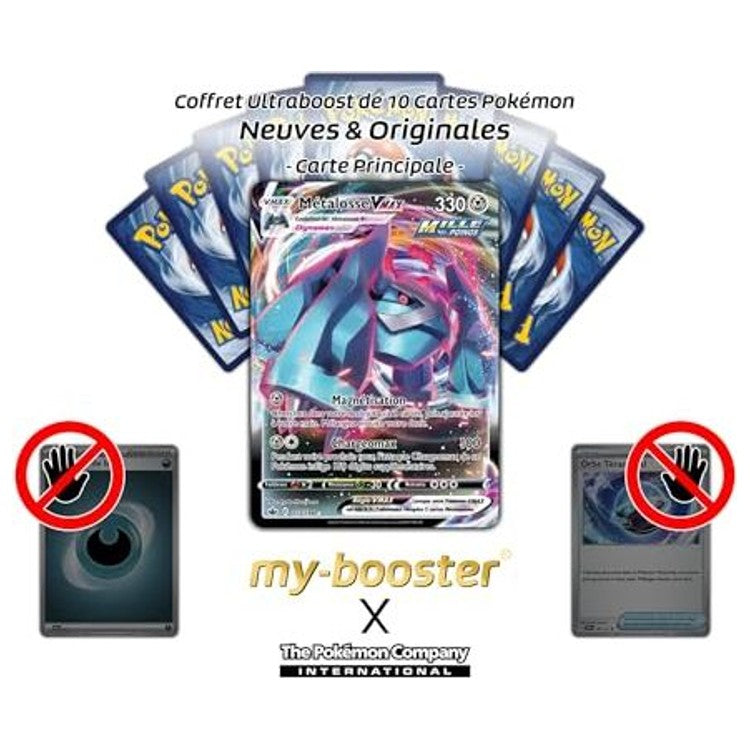 Gros plan sur l’illustration de la carte Pokémon Métaloss VMAX EB06 montrant les effets holographiques et le design dynamique