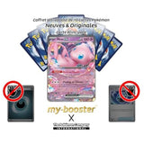 Gros plan sur la carte Pokémon Mew ex 151/165 Écarlate et Violet 3.5 montrant les détails holographiques et le texte de l’attaque du Pokémon Psy.