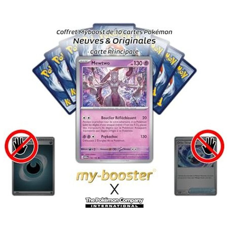 Gros plan sur l’illustration de la carte Pokémon Mewtwo 150/165 Holo de la série 151 Écarlate et Violet 3.5, mettant en avant les effets brillants