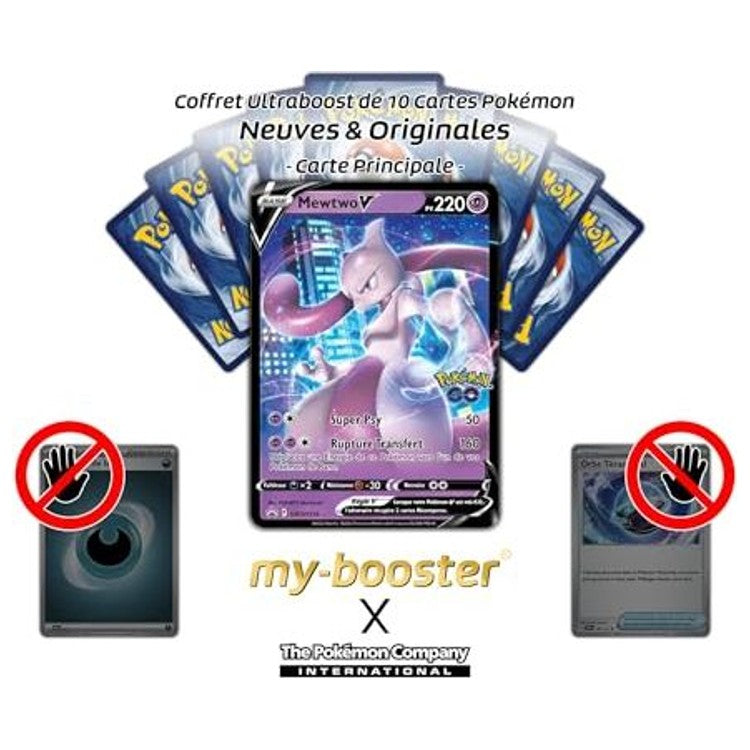 Gros plan sur l’illustration de la carte Mewtwo V SWSH223, mettant en valeur l’artwork Psy et les effets brillants de l’extension Pokémon GO.