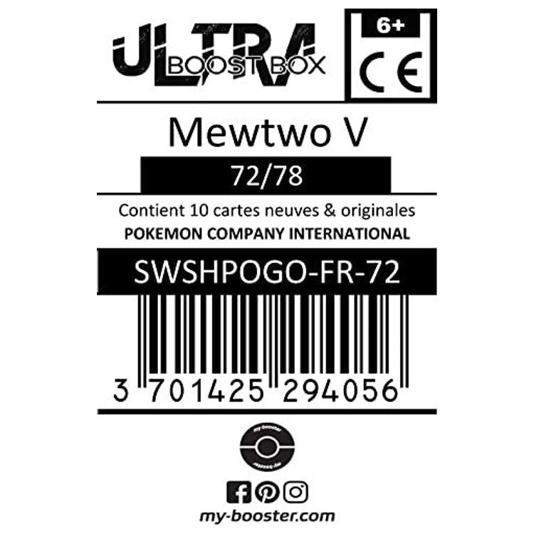 Gros plan sur les détails holographiques de la carte Ultra Rare Mewtwo V 72/78 Pokémon GO du bloc Épée et Bouclier 10.5, mettant en valeur l’artwork Psy.