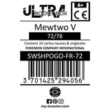 Gros plan sur les détails holographiques de la carte Ultra Rare Mewtwo V 72/78 Pokémon GO du bloc Épée et Bouclier 10.5, mettant en valeur l’artwork Psy.