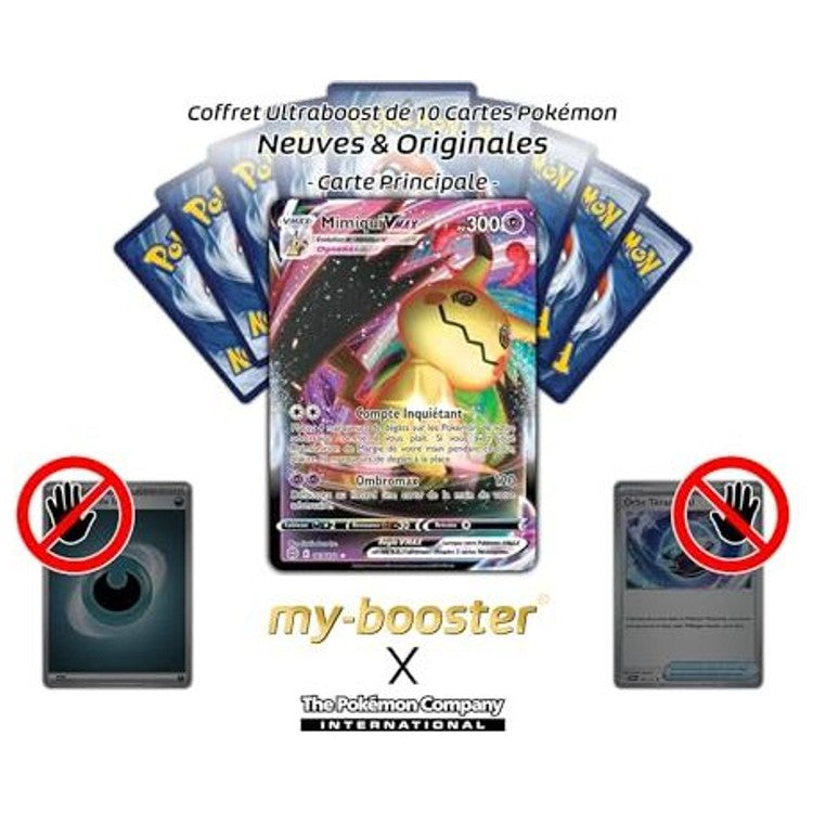 Gros plan sur l illustration de la carte Pokemon Mimiqui VMAX EB09 mettant en valeur les effets brillants et le style VMAX