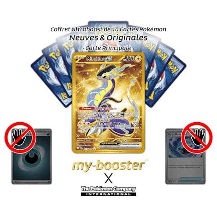 Gros plan sur les détails holographiques de la carte ultra rare Miraidon ex 253/198 EV01, montrant les effets gold et le relief du Pokémon légendaire.